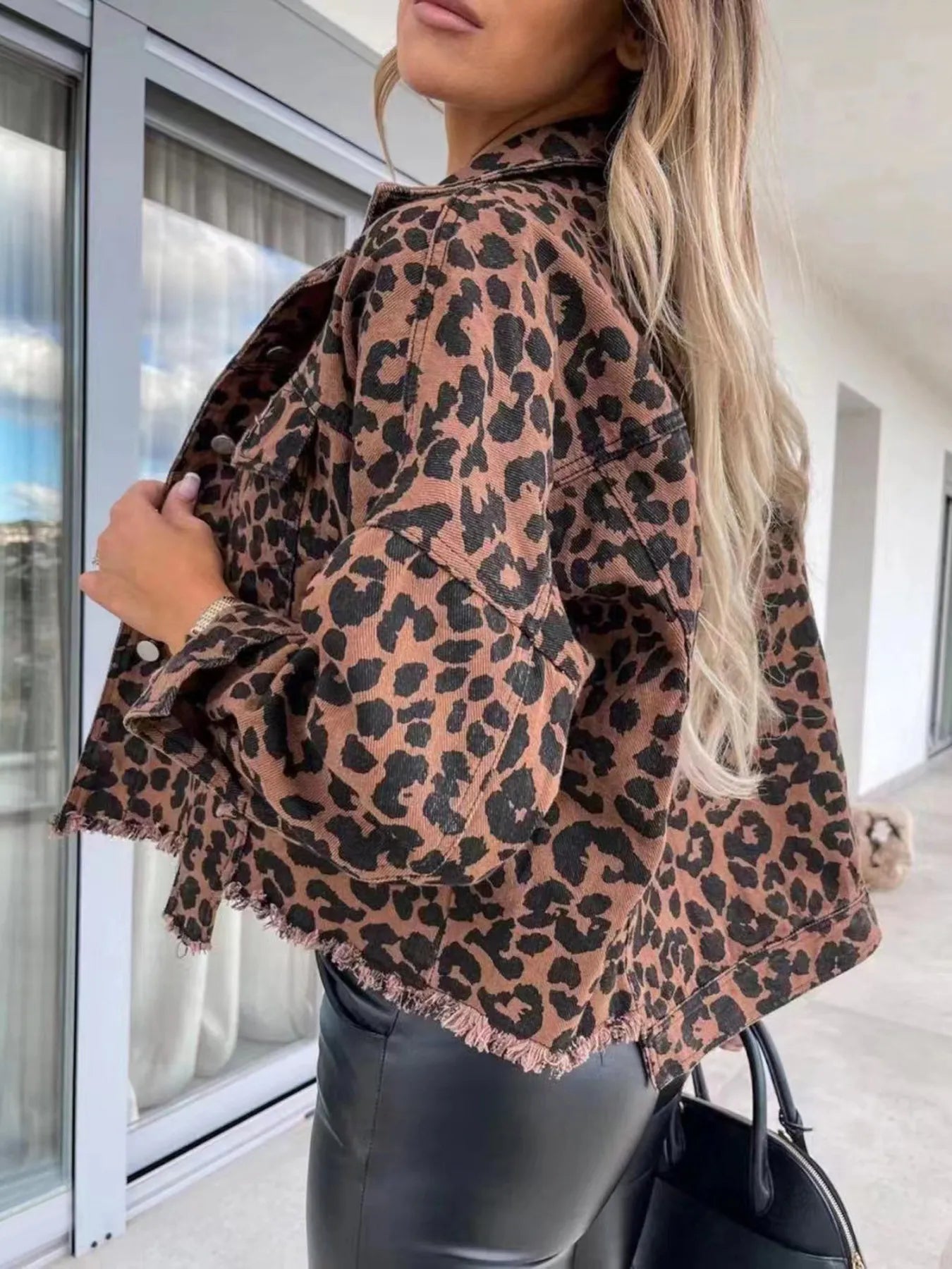 Leopard Print Raw Hem Denim Jacket - R - DRESS