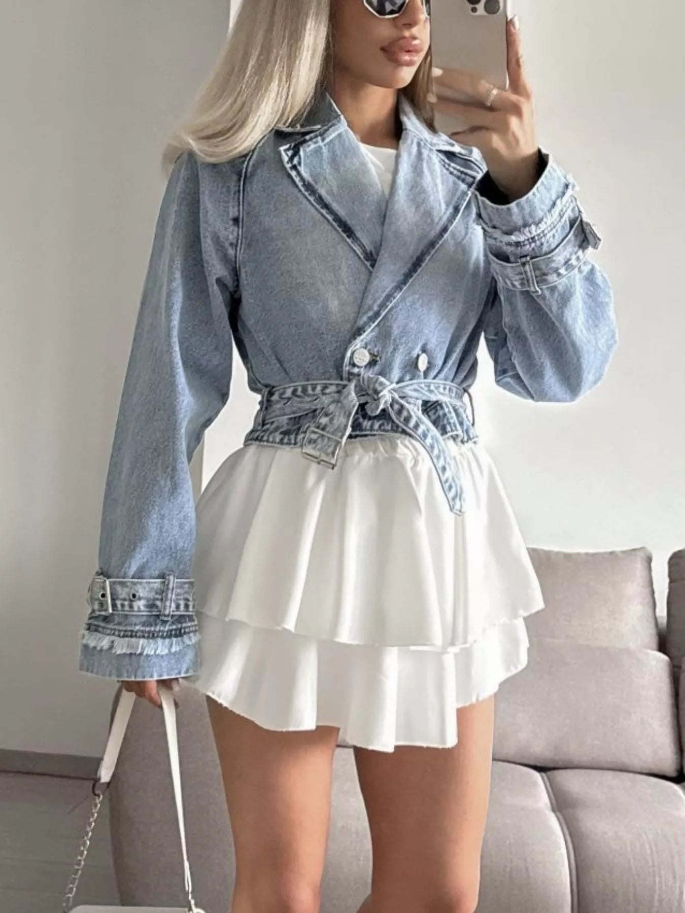 Long Sleeve Crop Denim Jacket - R - DRESS