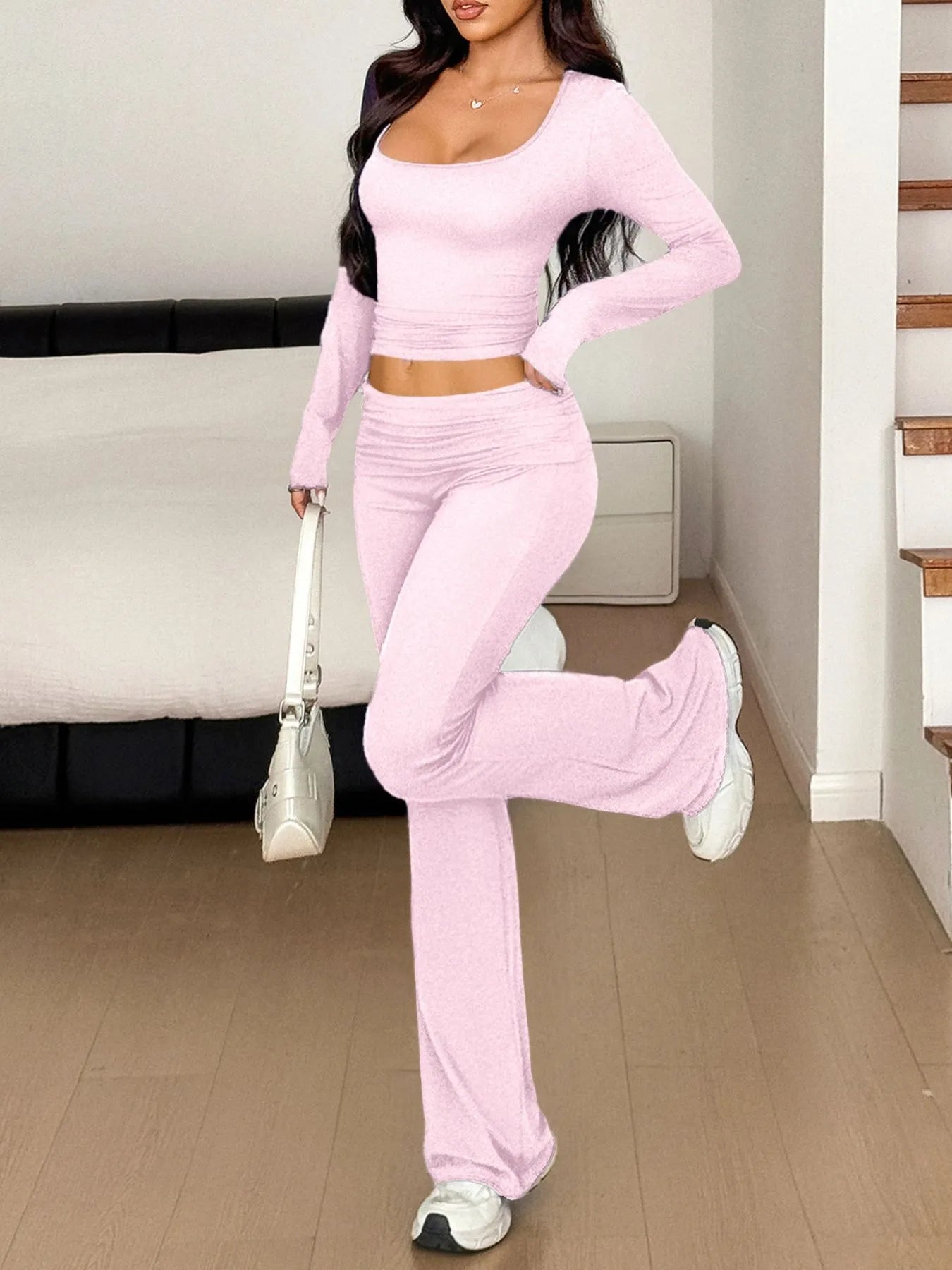 Long Sleeve Crop Top and Bootcut Pants Set - R - DRESS