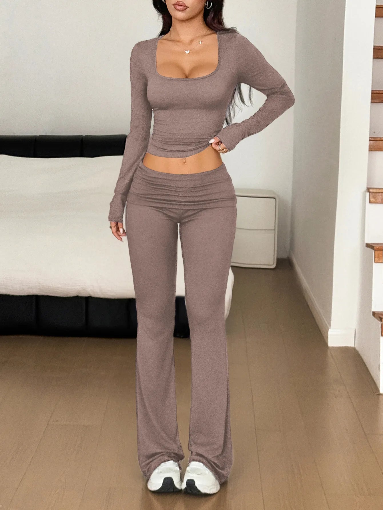 Long Sleeve Crop Top and Bootcut Pants Set - R - DRESS