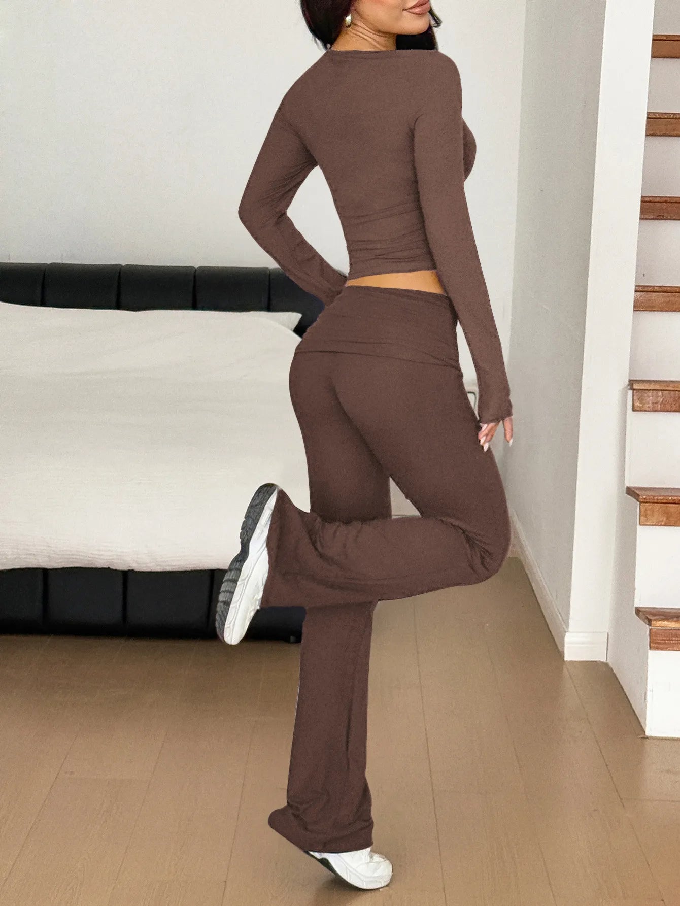 Long Sleeve Crop Top and Bootcut Pants Set - R - DRESS