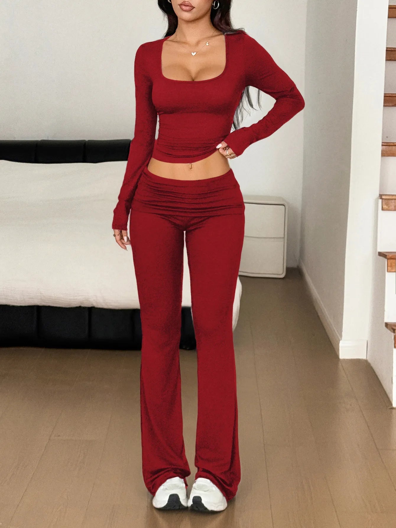 Long Sleeve Crop Top and Bootcut Pants Set - R - DRESS