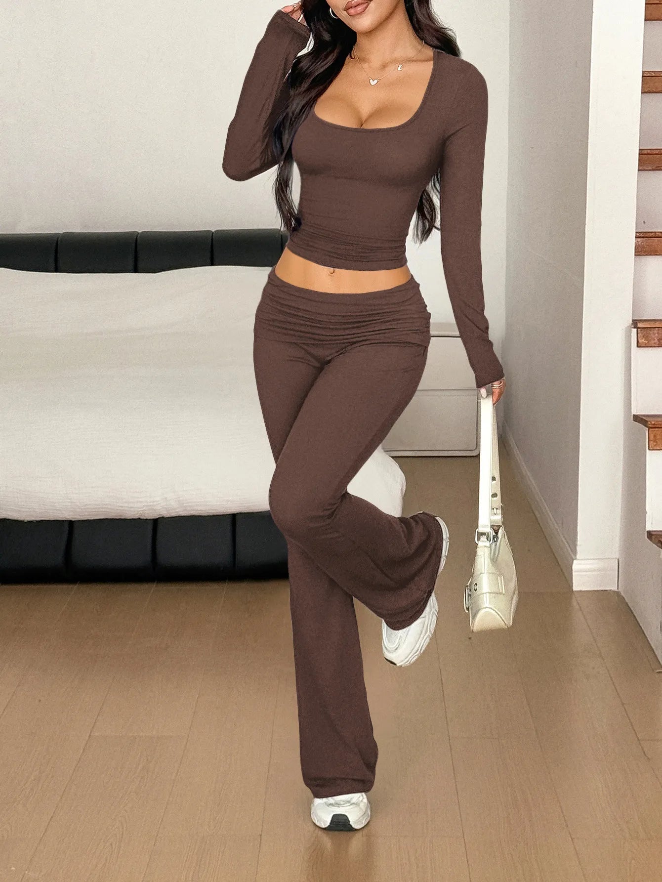 Long Sleeve Crop Top and Bootcut Pants Set - R - DRESS