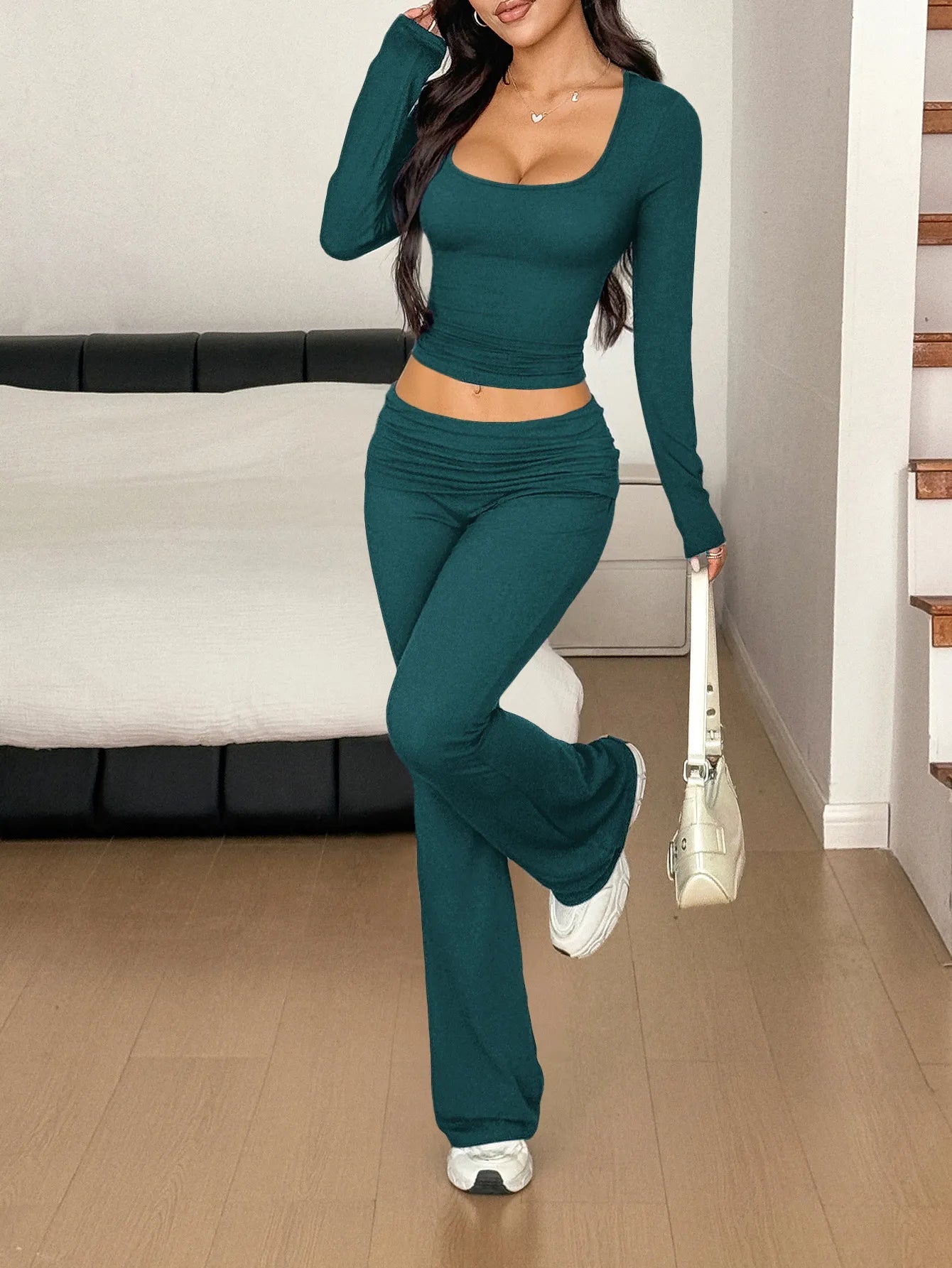 Long Sleeve Crop Top and Bootcut Pants Set - R - DRESS