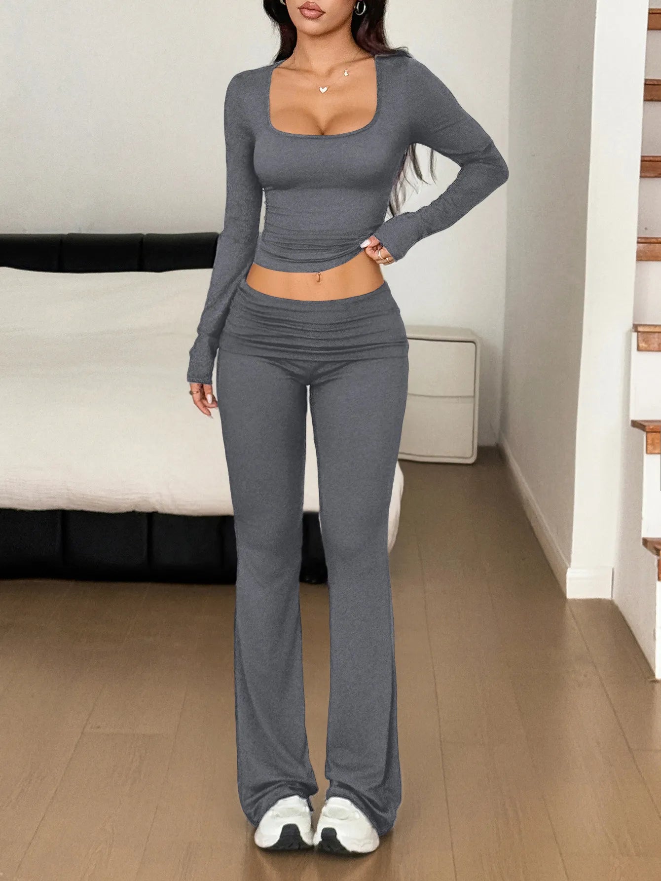 Long Sleeve Crop Top and Bootcut Pants Set - R - DRESS