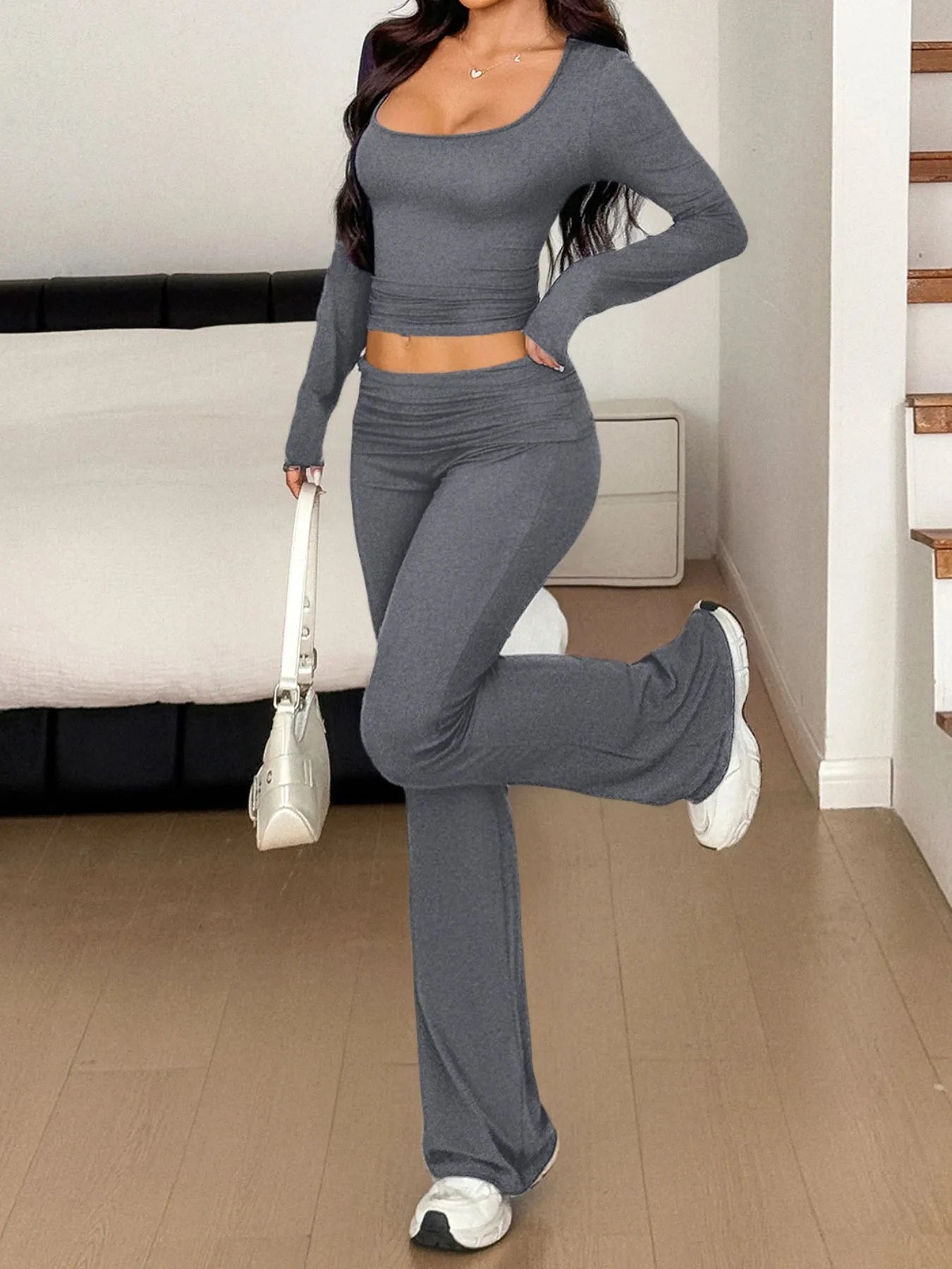 Long Sleeve Crop Top and Bootcut Pants Set - R - DRESS