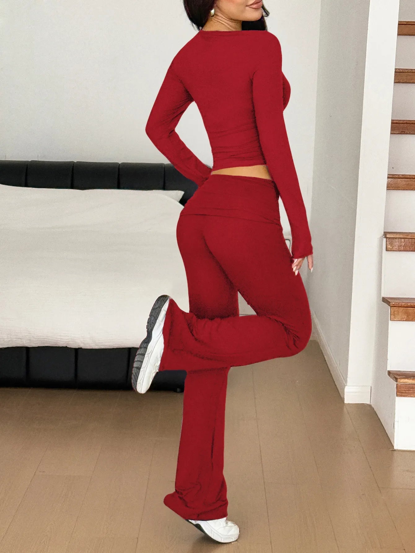 Long Sleeve Crop Top and Bootcut Pants Set - R - DRESS