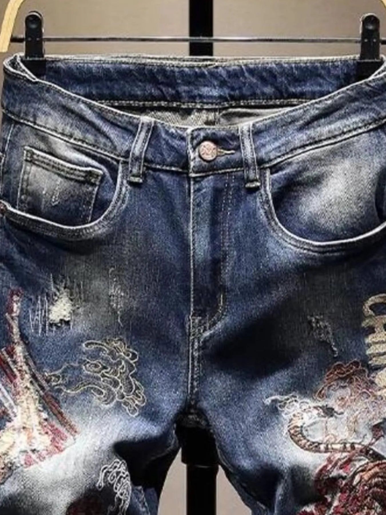 Men's Distressed Embroidered Jeans - R - DRESS