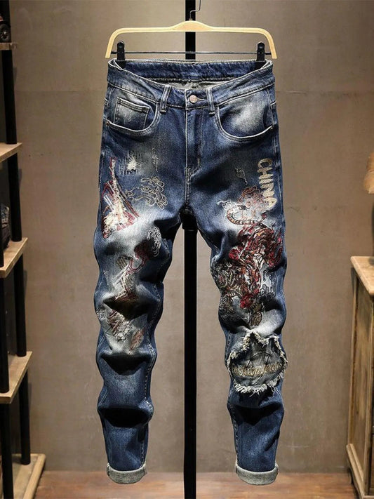 Men's Distressed Embroidered Jeans - R - DRESS