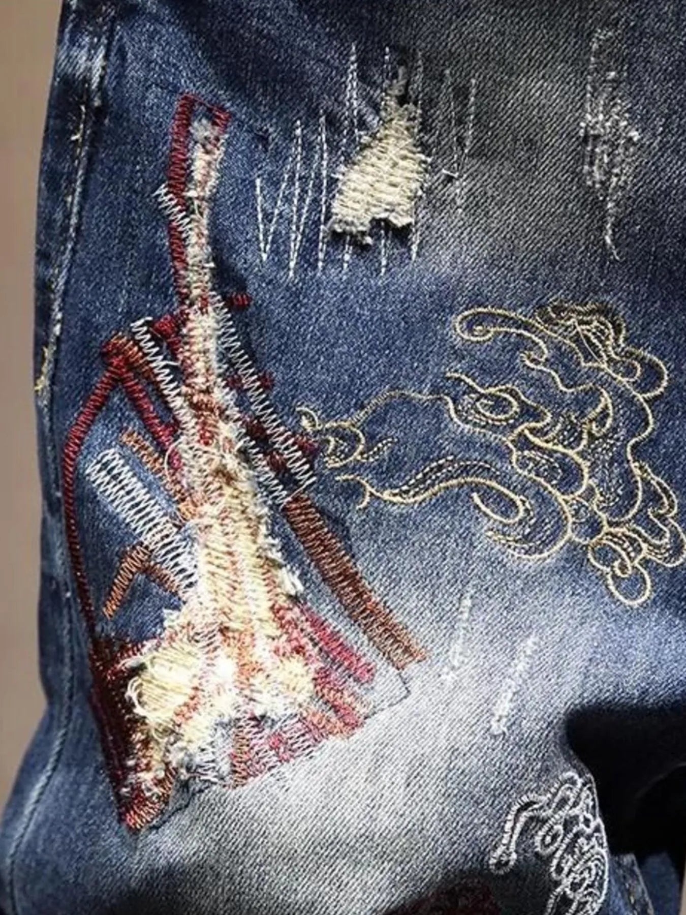 Men's Distressed Embroidered Jeans - R - DRESS
