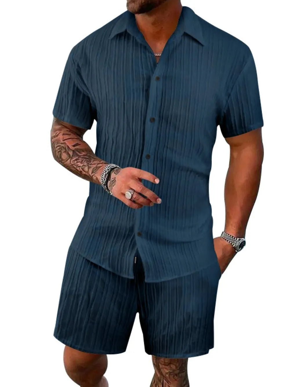 Men's Full Size Button Down Short Sleeve Shirt and Shorts Set Plus Size - R - DRESS