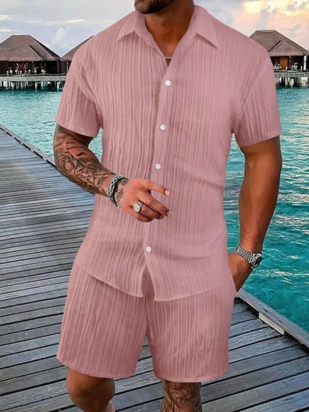 Men's Full Size Button Down Short Sleeve Shirt and Shorts Set Plus Size - R - DRESS