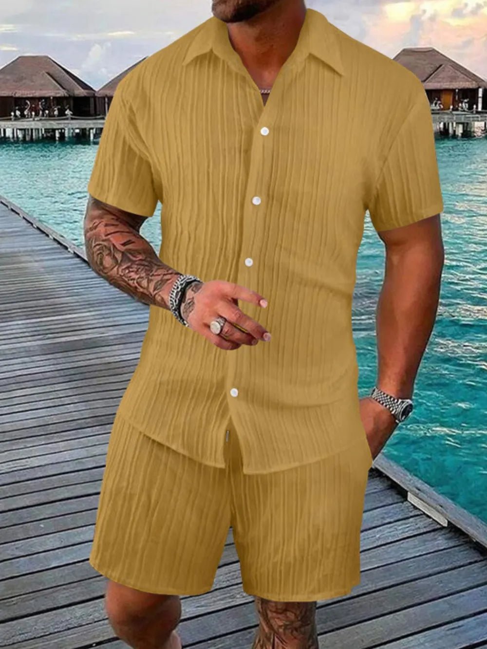 Men's Full Size Button Down Short Sleeve Shirt and Shorts Set Plus Size - R - DRESS
