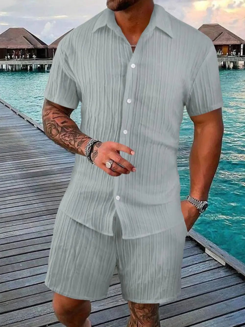 Men's Full Size Button Down Short Sleeve Shirt and Shorts Set Plus Size - R - DRESS