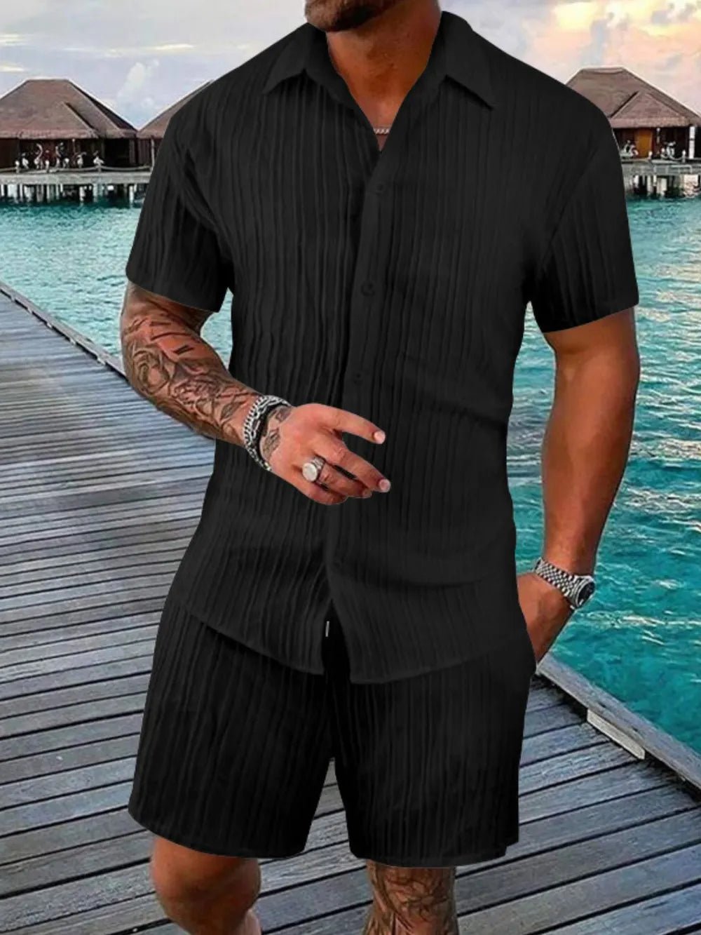 Men's Full Size Button Down Short Sleeve Shirt and Shorts Set Plus Size - R - DRESS