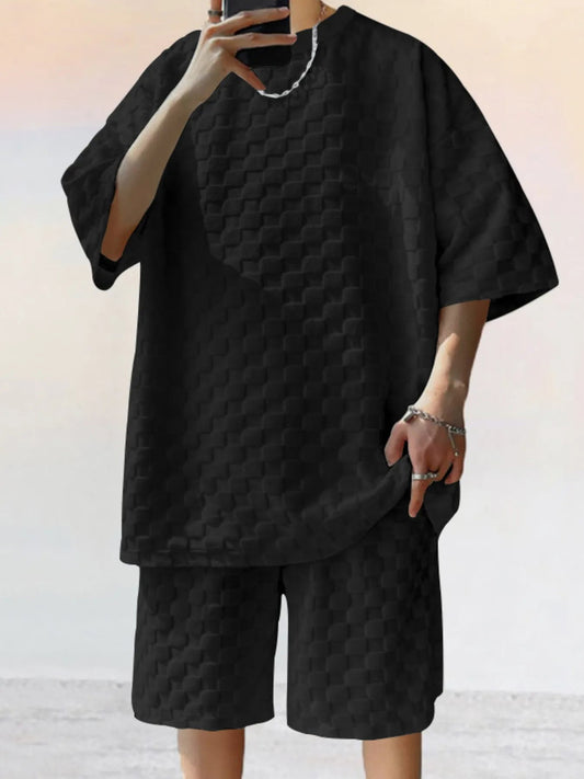 Men's Full Size Checkered Pattern Casual Top and Shorts Two - Piece Set Plus Size - R - DRESS