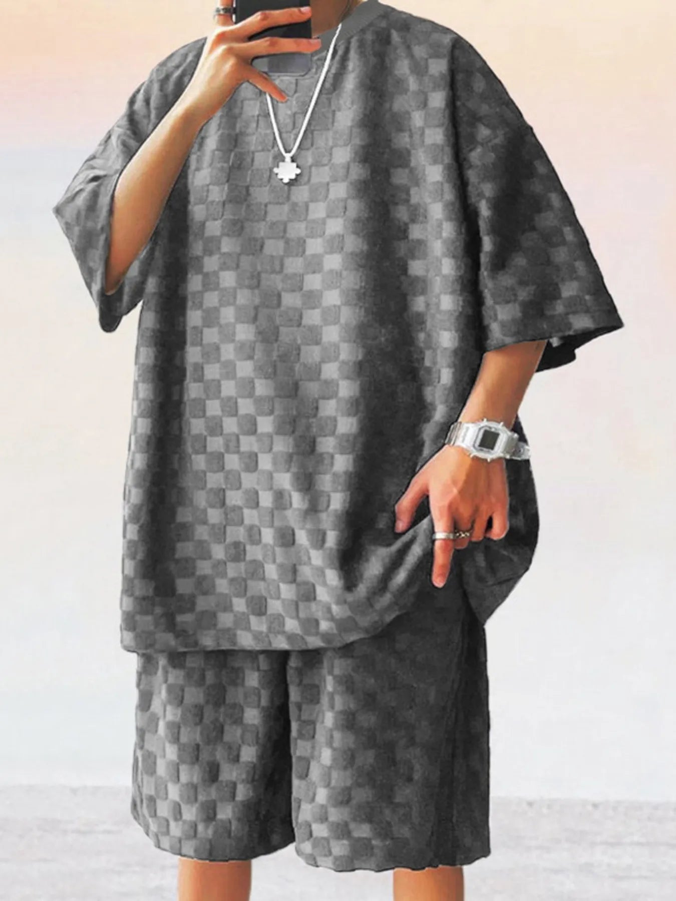 Men's Full Size Checkered Pattern Casual Top and Shorts Two - Piece Set Plus Size - R - DRESS