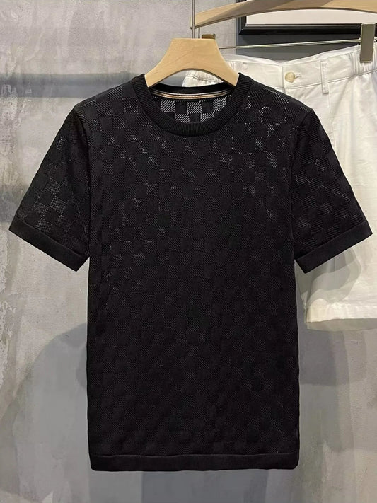 Men's Full Size Checkered Round Neck Short Sleeve T-Shirt Plus Size - R - DRESS