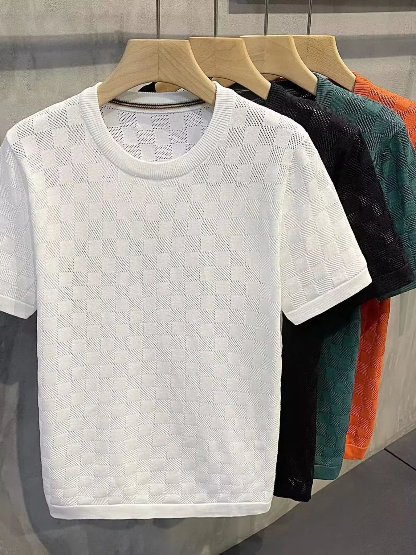 Men's Full Size Checkered Round Neck Short Sleeve T-Shirt Plus Size - R - DRESS