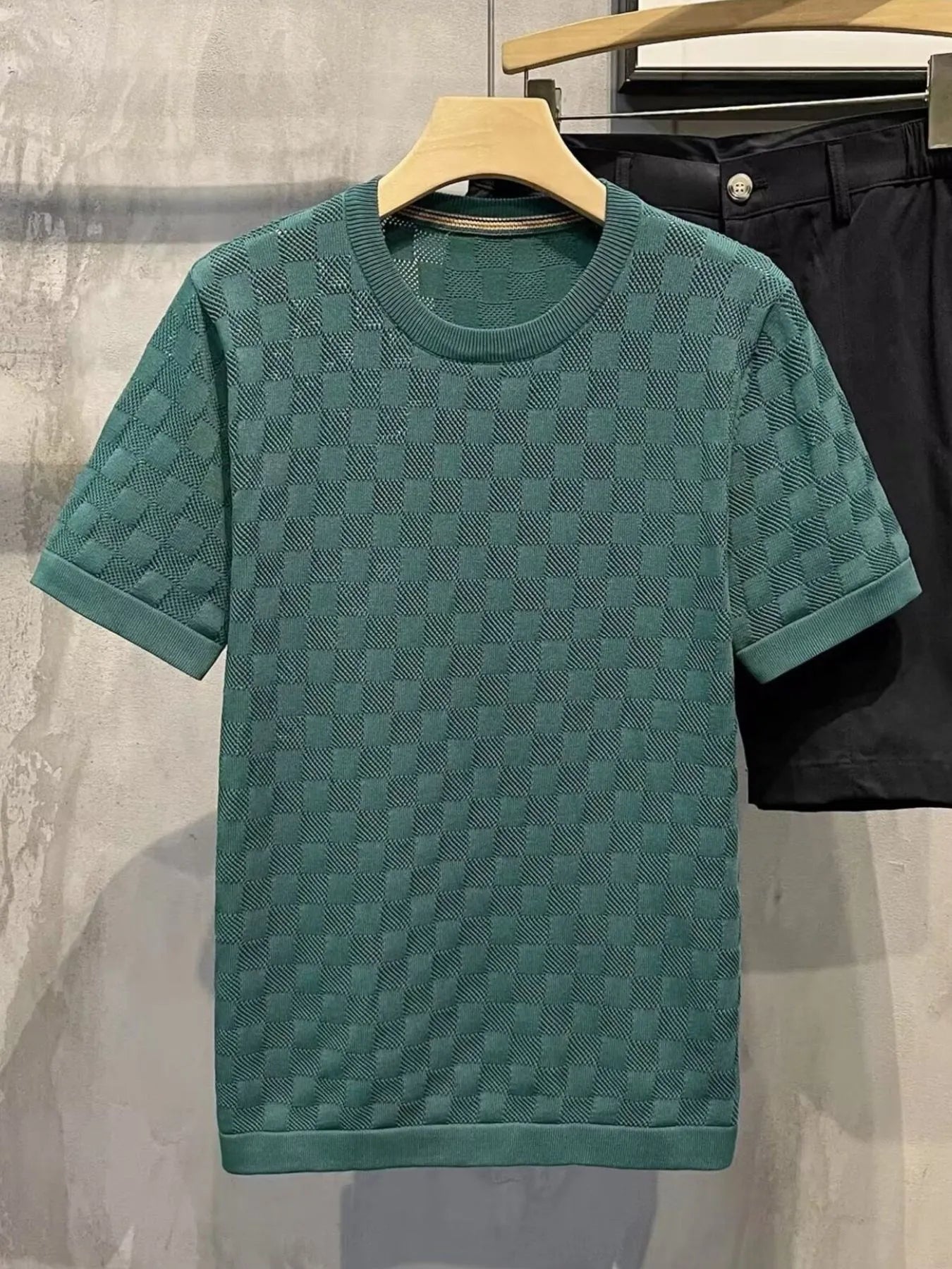 Men's Full Size Checkered Round Neck Short Sleeve T-Shirt Plus Size - R - DRESS