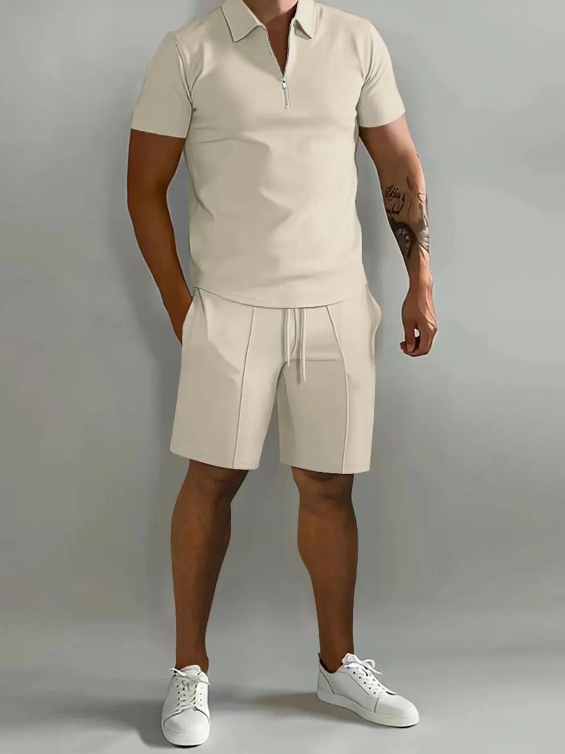Men's Full Size Collared Neck Short Sleeve Top and Shorts Set Plus Size - R - DRESS