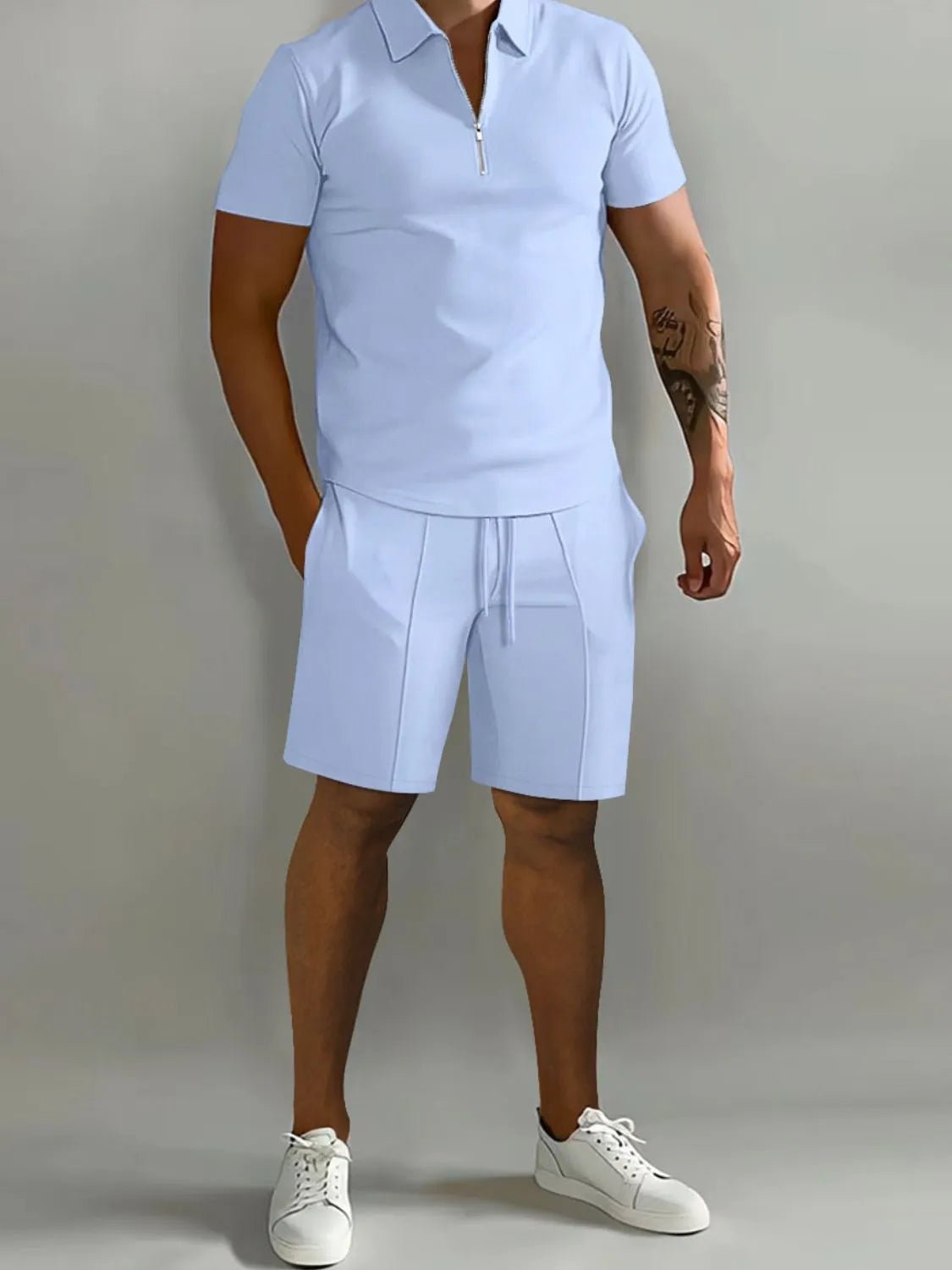 Men's Full Size Collared Neck Short Sleeve Top and Shorts Set Plus Size - R - DRESS