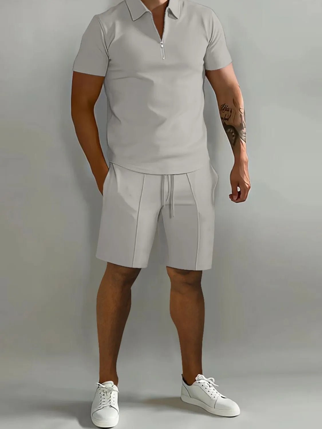 Men's Full Size Collared Neck Short Sleeve Top and Shorts Set Plus Size - R - DRESS