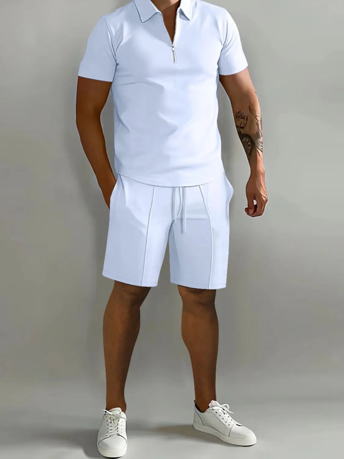 Men's Full Size Collared Neck Short Sleeve Top and Shorts Set Plus Size - R - DRESS