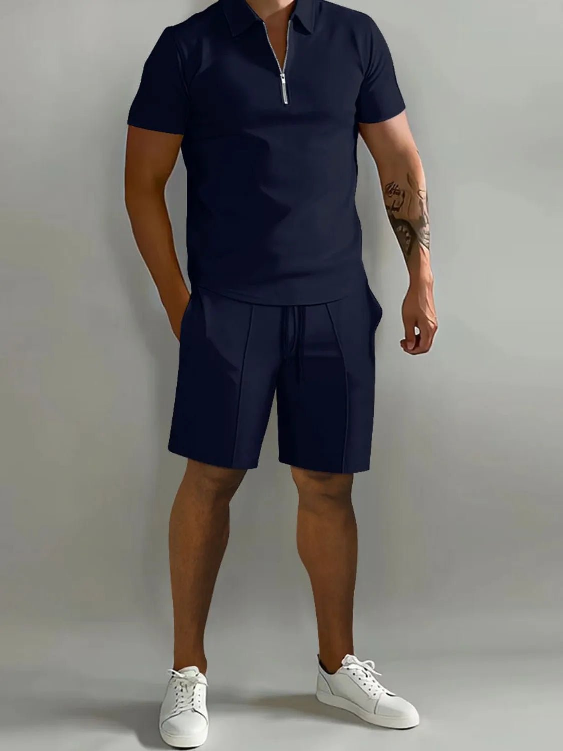 Men's Full Size Collared Neck Short Sleeve Top and Shorts Set Plus Size - R - DRESS