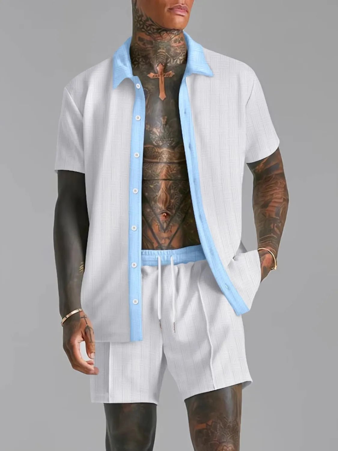 Men's Full Size Collared Neck Short Sleeve Top and Shorts Set Plus Size - R - DRESS
