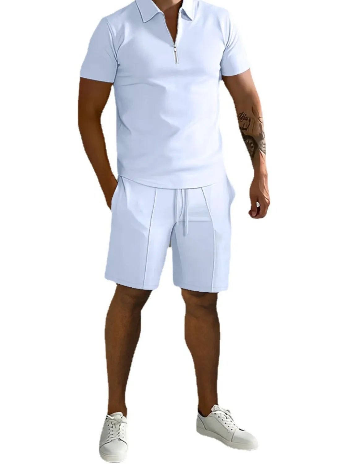 Men's Full Size Collared Neck Short Sleeve Top and Shorts Set Plus Size - R - DRESS