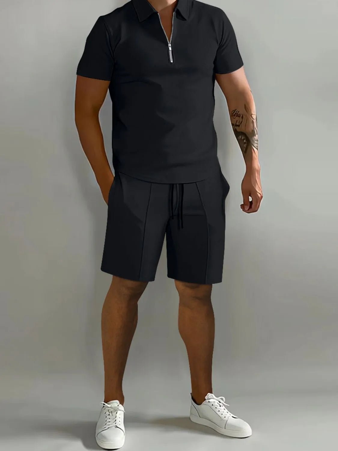 Men's Full Size Collared Neck Short Sleeve Top and Shorts Set Plus Size - R - DRESS