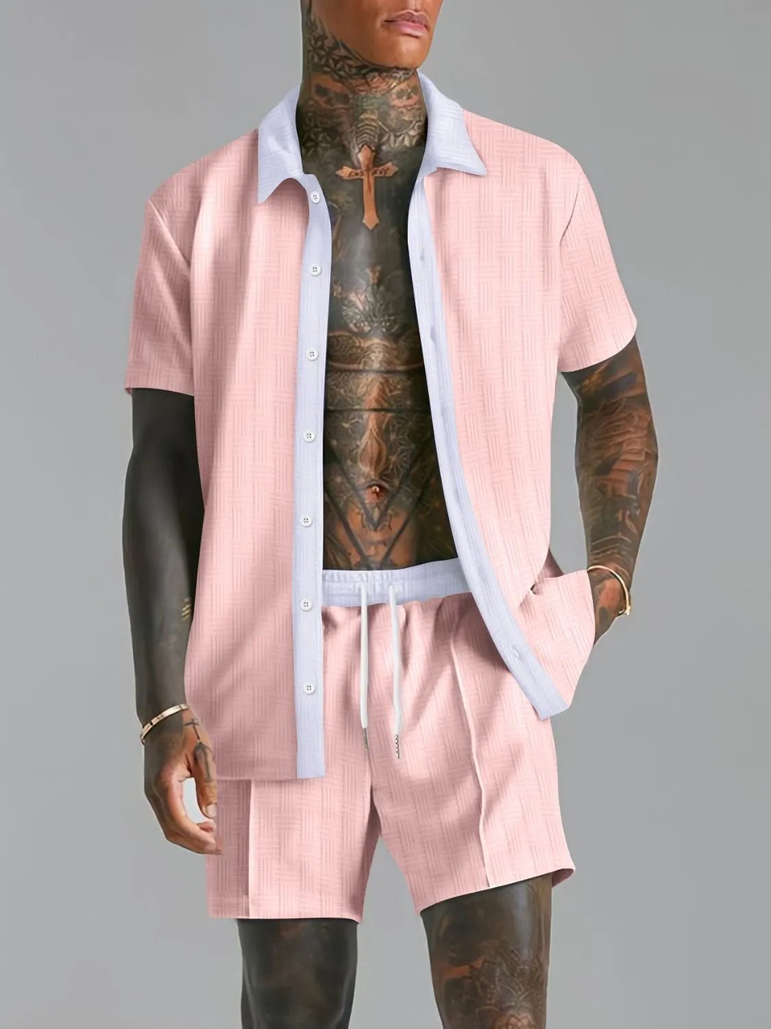 Men's Full Size Collared Neck Short Sleeve Top and Shorts Set Plus Size - R - DRESS