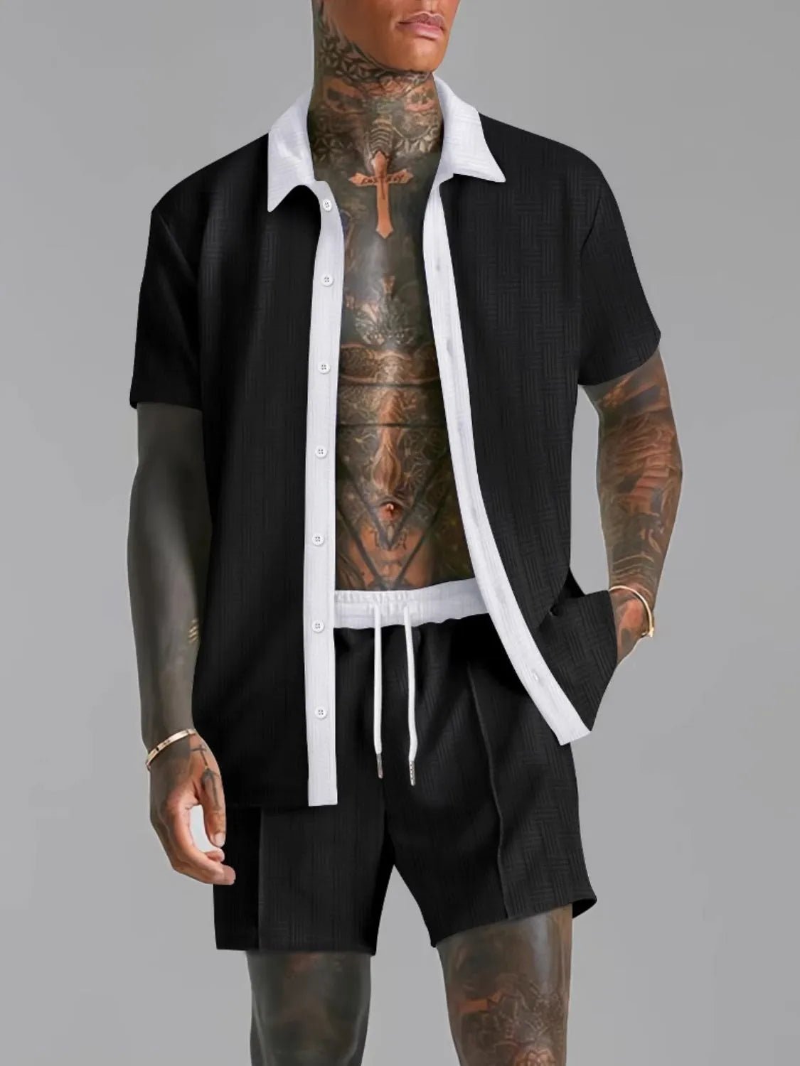 Men's Full Size Collared Neck Short Sleeve Top and Shorts Set Plus Size - R - DRESS