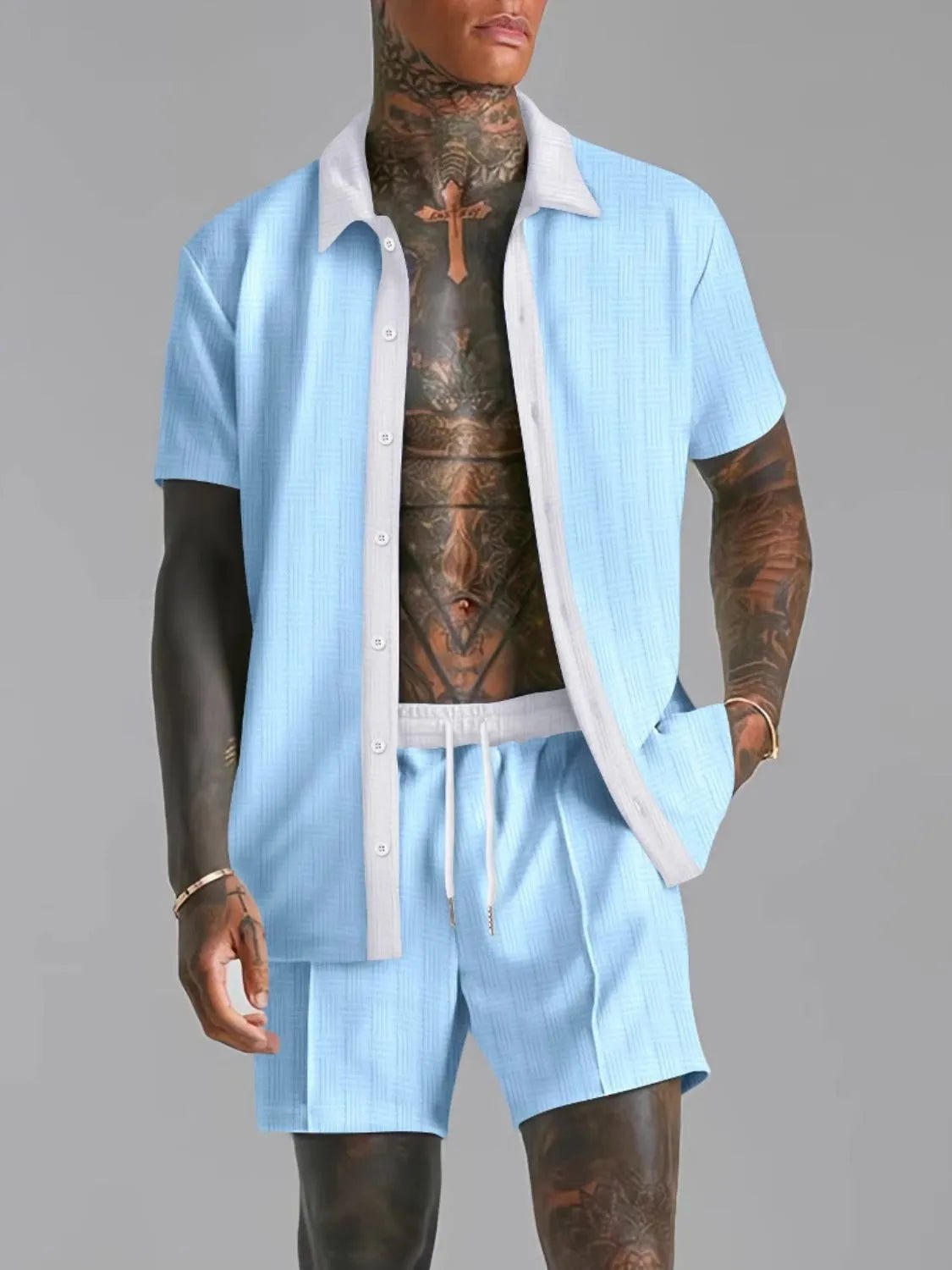 Men's Full Size Collared Neck Short Sleeve Top and Shorts Set Plus Size - R - DRESS