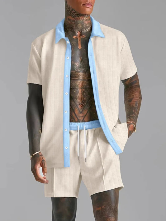 Men's Full Size Collared Neck Short Sleeve Top and Shorts Set Plus Size - R - DRESS