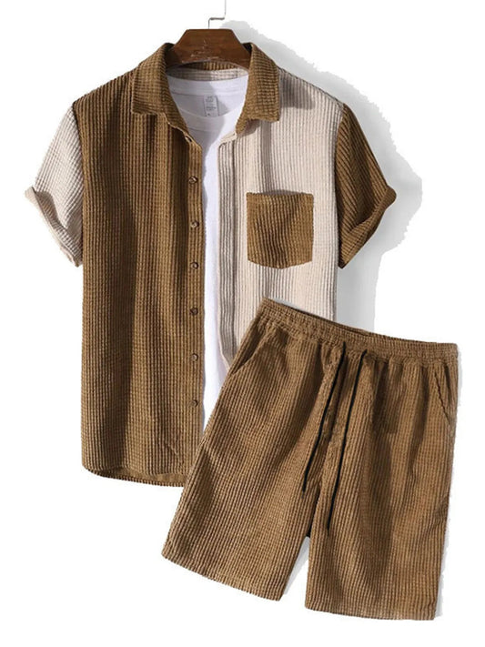 Men's Full Size Contrast Shots Sleeve Shirt and Shorts Set Plus Size - R - DRESS