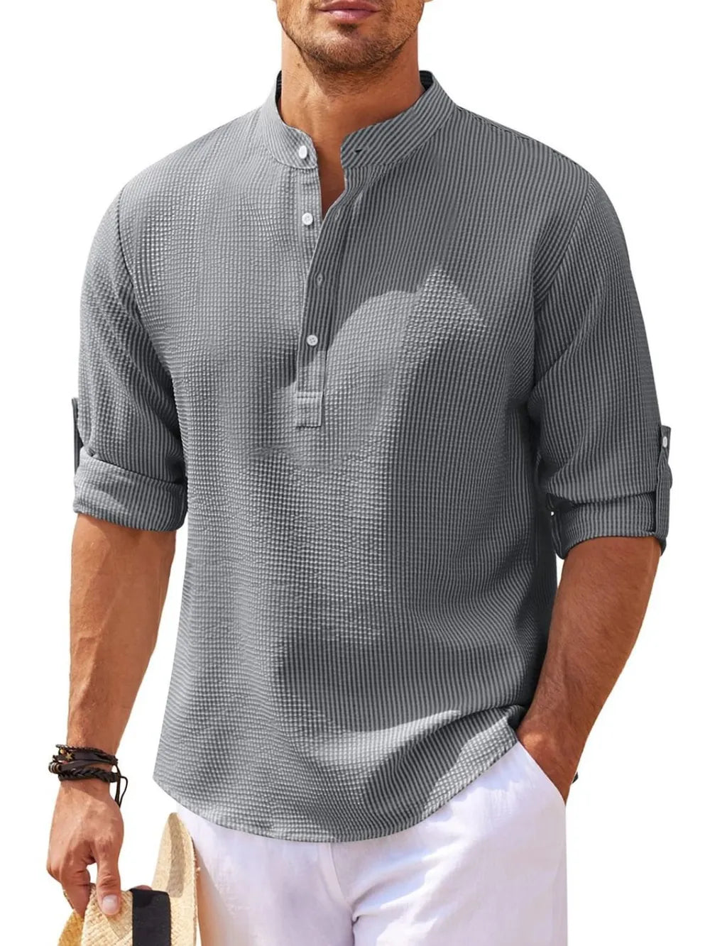 Men's Full Size Half Button Long Sleeve Shirt Plus Size - R - DRESS