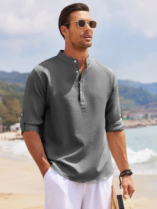 Men's Full Size Half Button Long Sleeve Shirt Plus Size - R - DRESS