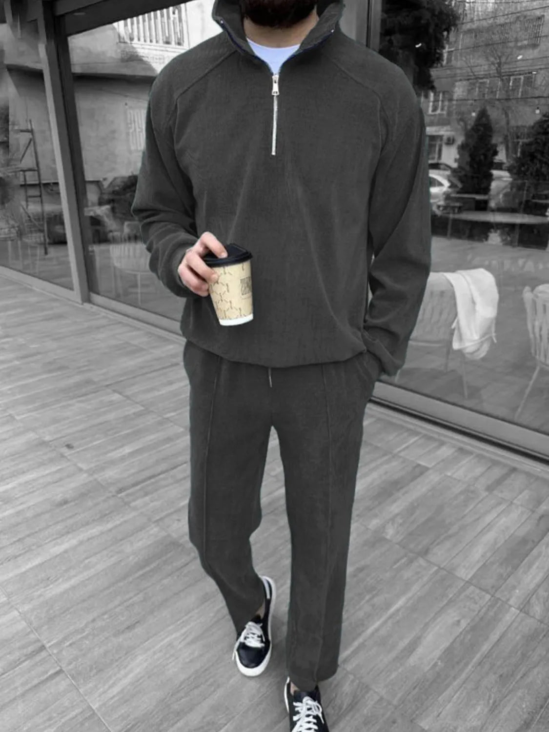 Men's Full Size Half Zip Long Sleeve Top and Pants Plus Size - R - DRESS