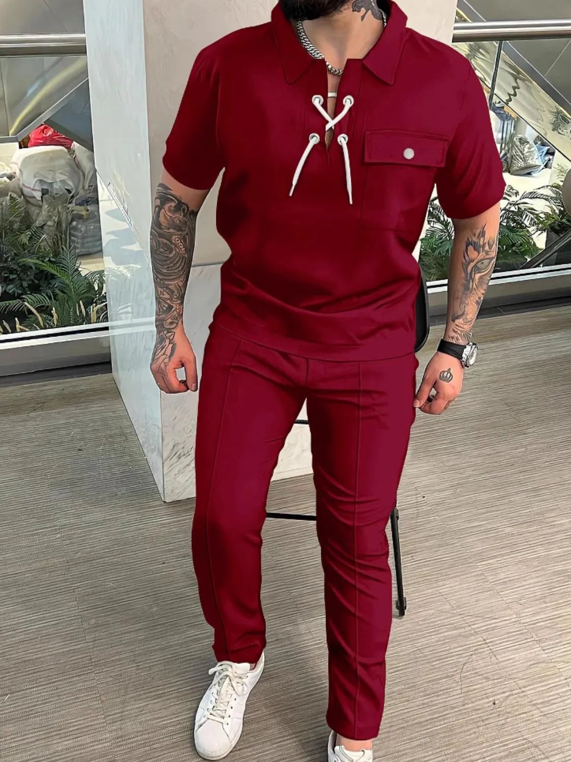 Men's Full Size Lace Up Short Sleeve Top and Pants Plus Size - R - DRESS