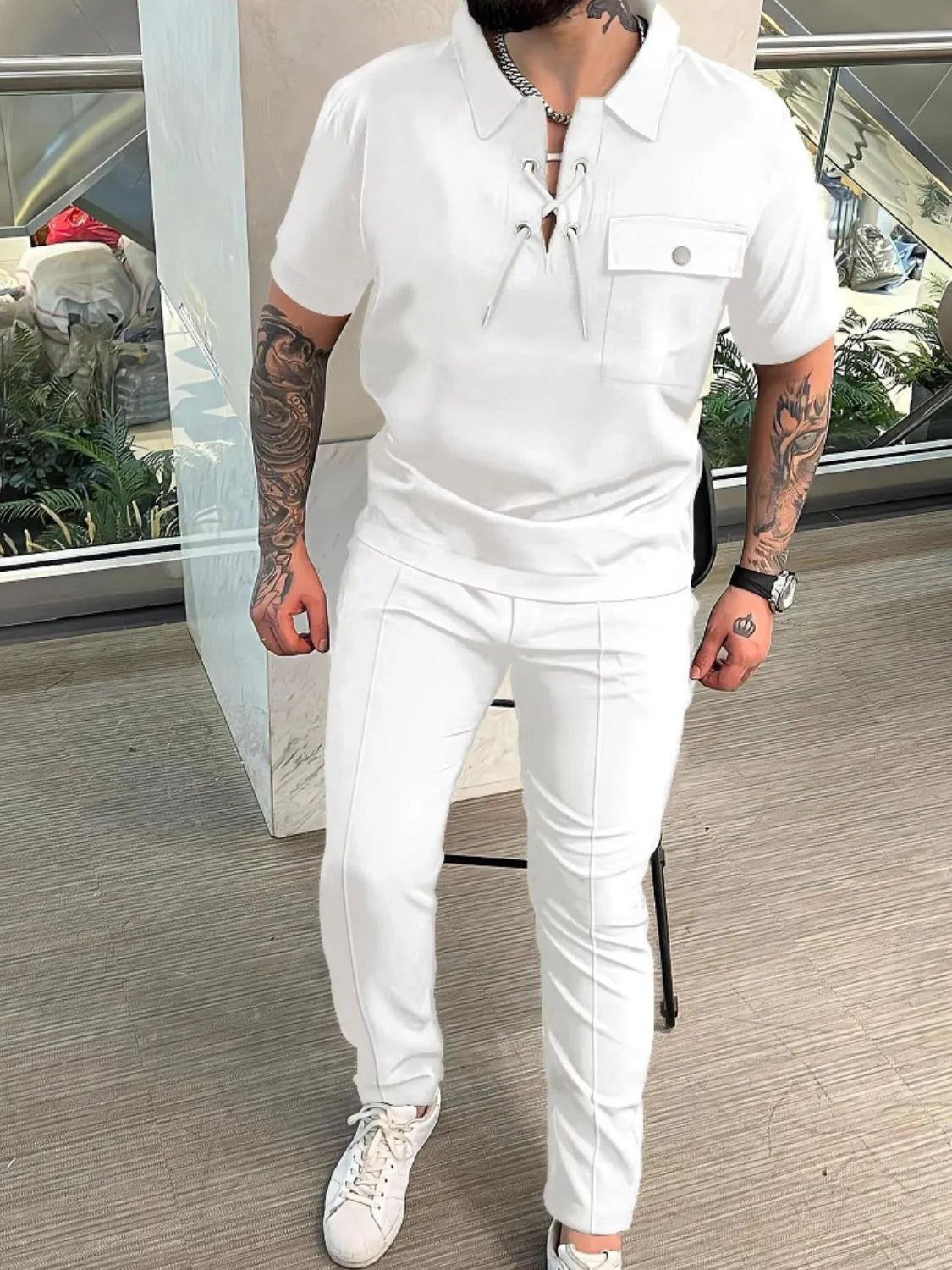Men's Full Size Lace Up Short Sleeve Top and Pants Plus Size - R - DRESS