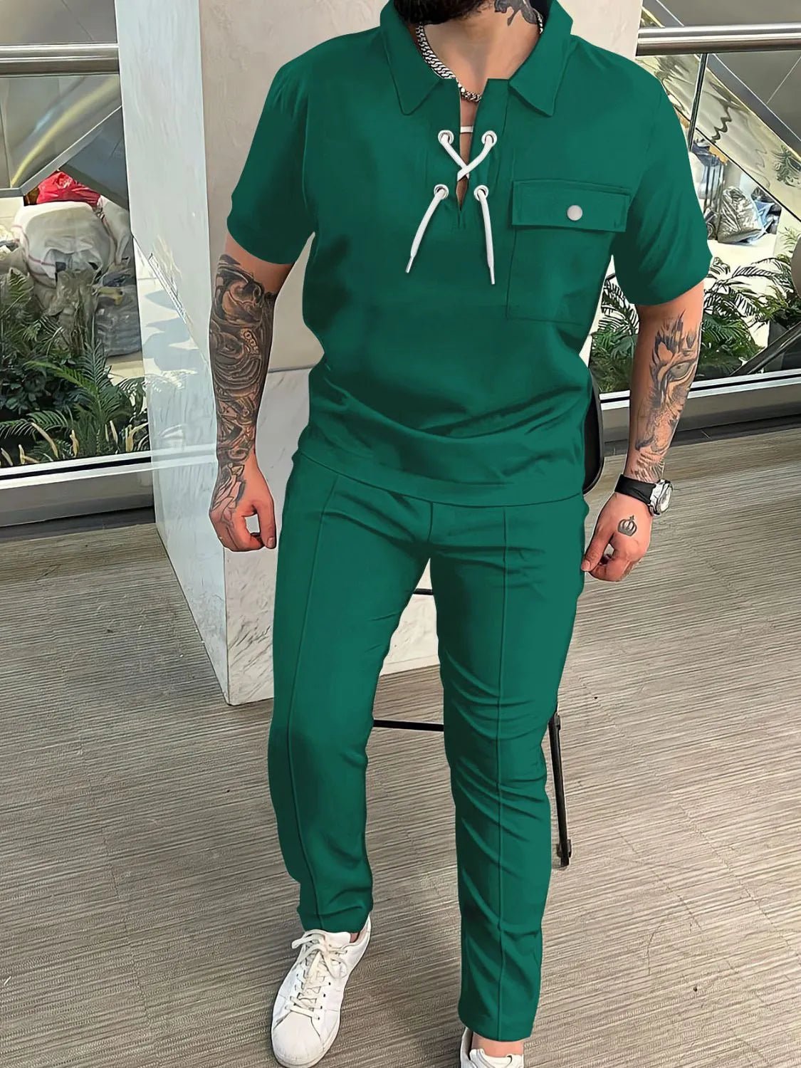 Men's Full Size Lace Up Short Sleeve Top and Pants Plus Size - R - DRESS