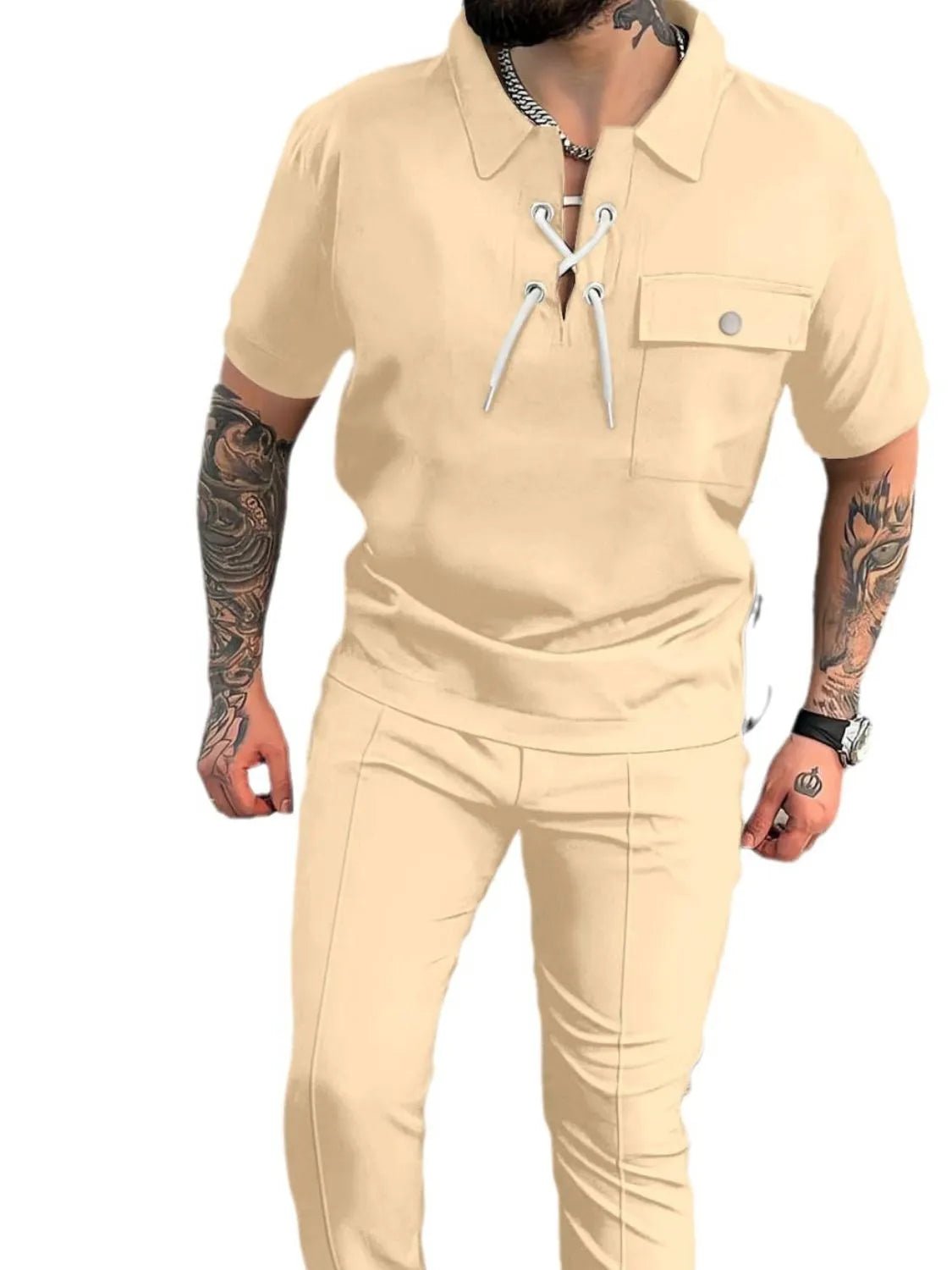 Men's Full Size Lace Up Short Sleeve Top and Pants Plus Size - R - DRESS