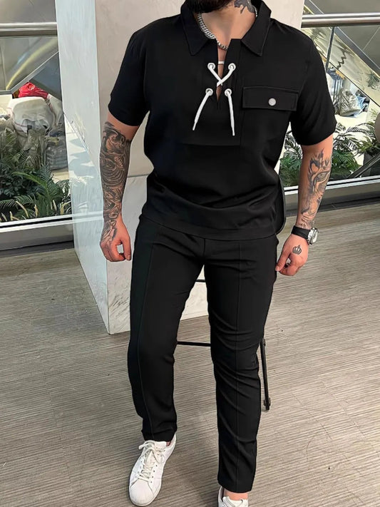 Men's Full Size Lace Up Short Sleeve Top and Pants Plus Size - R - DRESS