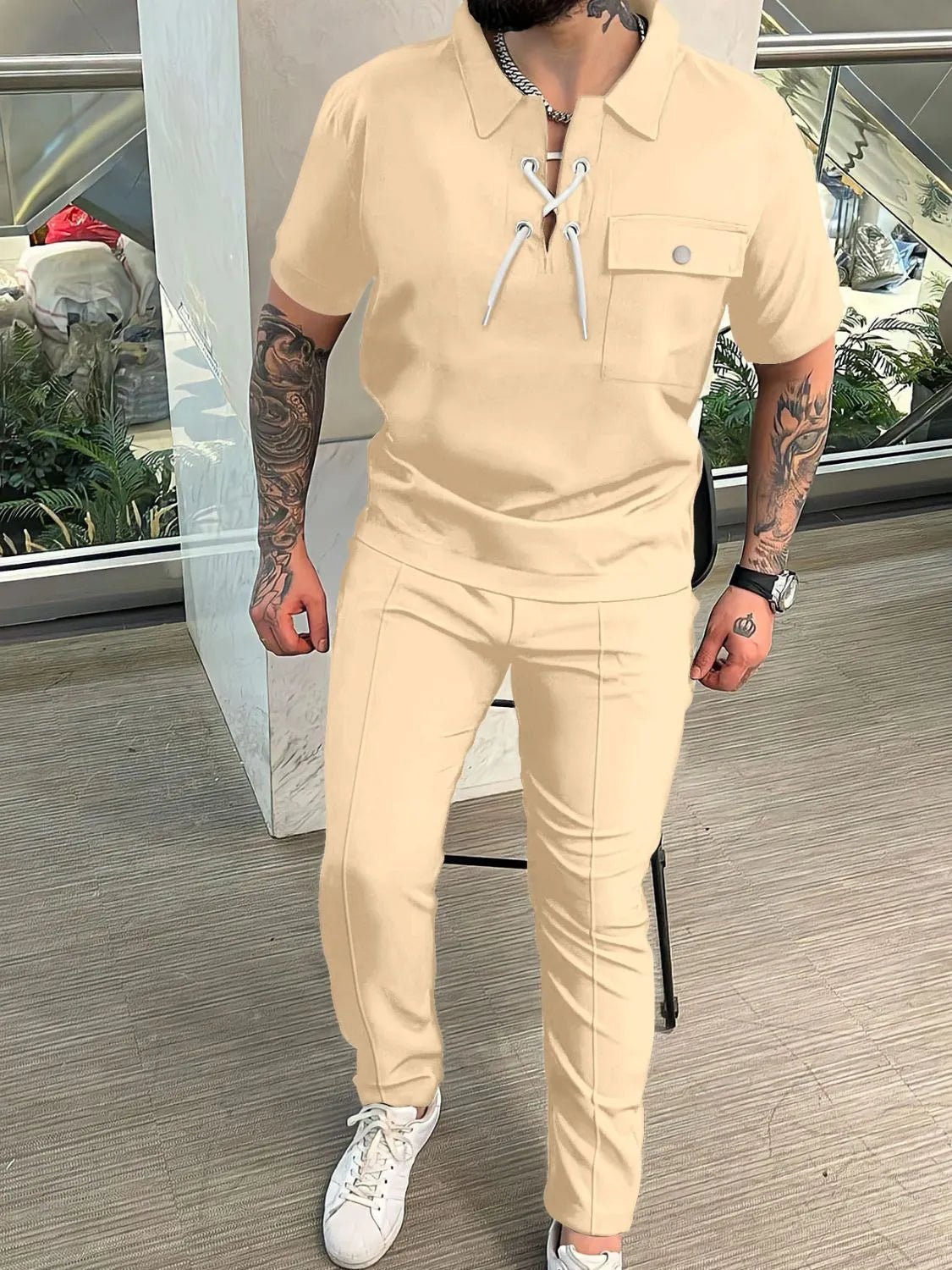 Men's Full Size Lace Up Short Sleeve Top and Pants Plus Size - R - DRESS