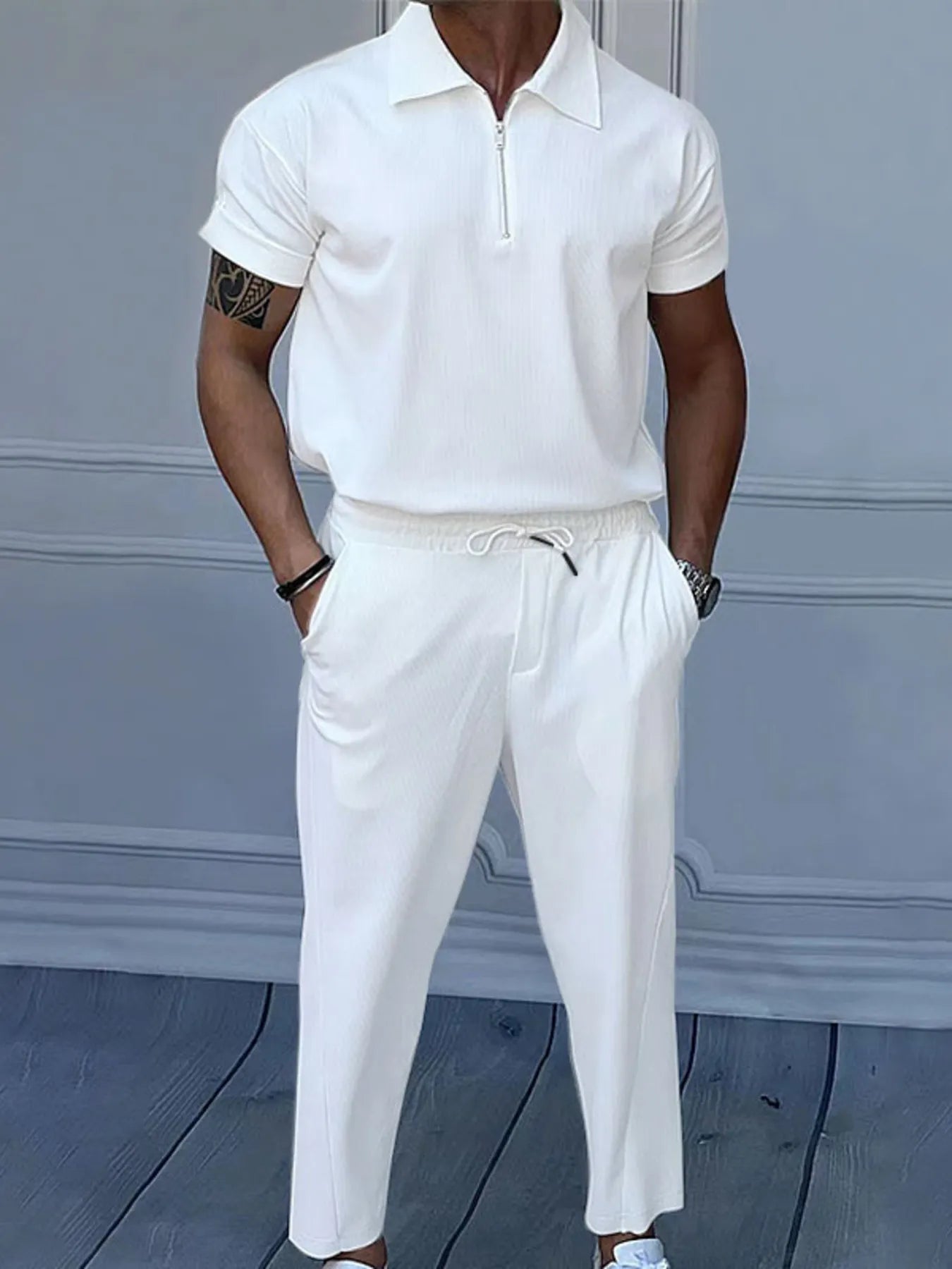 Men's Full Size Quarter Zip Short Sleeve Polo and Pants Set Plus Size - R - DRESS