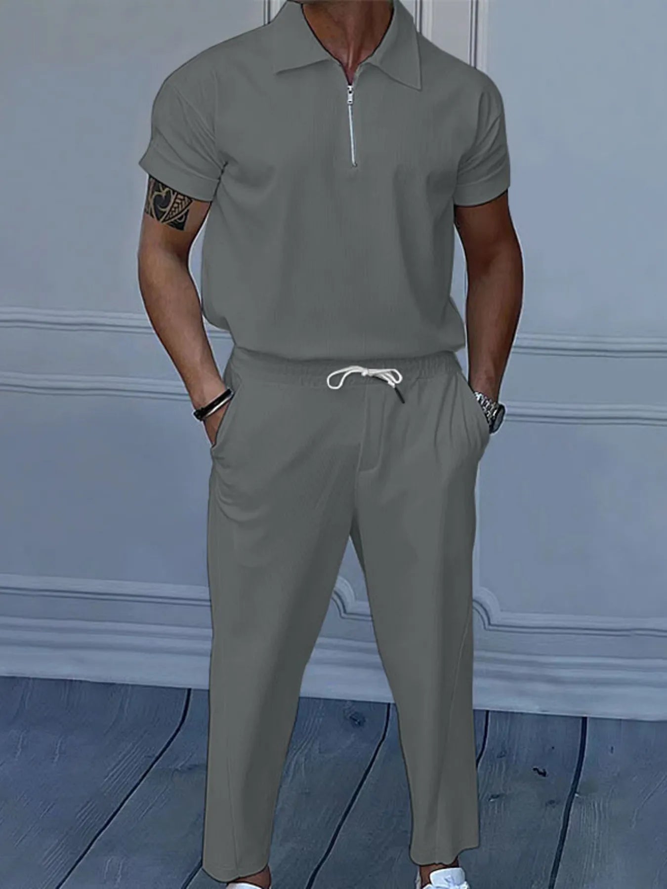 Men's Full Size Quarter Zip Short Sleeve Polo and Pants Set Plus Size - R - DRESS