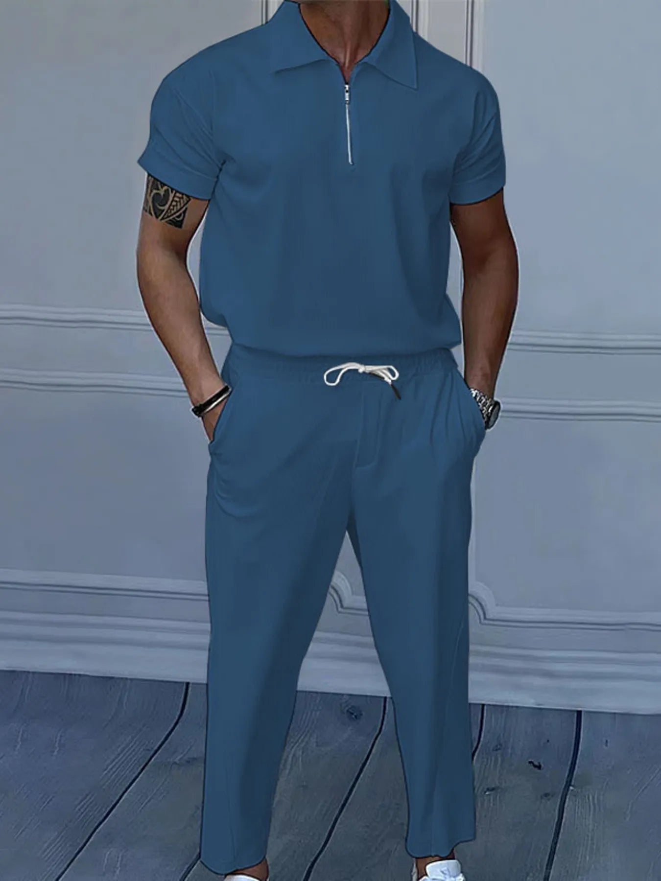 Men's Full Size Quarter Zip Short Sleeve Polo and Pants Set Plus Size - R - DRESS
