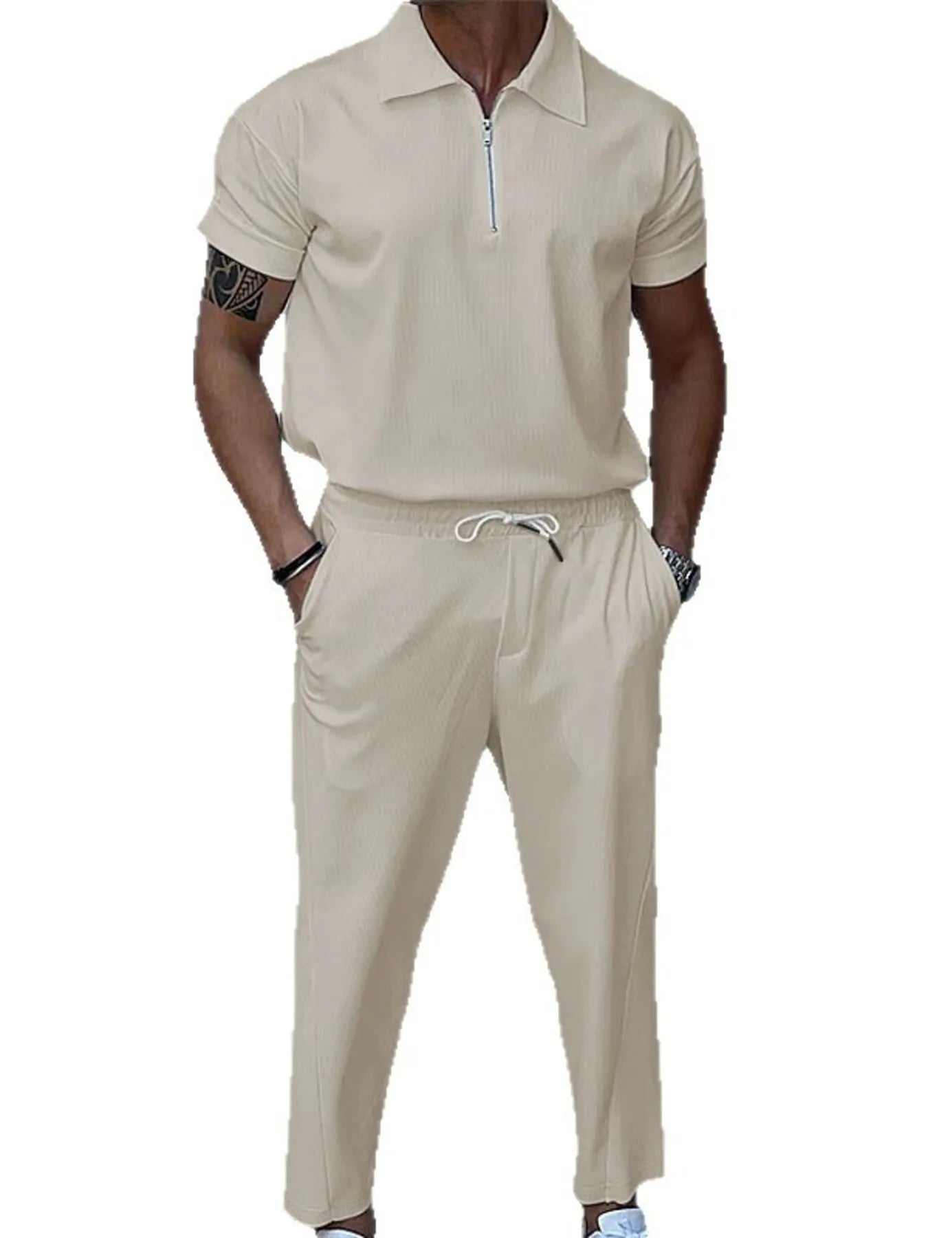 Men's Full Size Quarter Zip Short Sleeve Polo and Pants Set Plus Size - R - DRESS